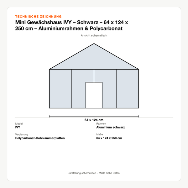 Technische Zeichnung: Mini Gewächshaus IVY – Schwarz – 64 x 124 x 250 cm – Aluminiumrahmen & Polycarbonat