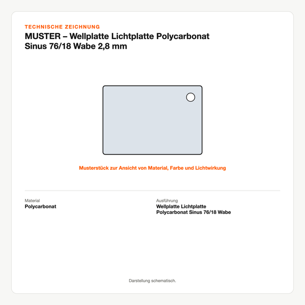 Technische Zeichnung: MUSTER – Wellplatte Lichtplatte Polycarbonat Sinus 76/18 Wabe 2,8 mm