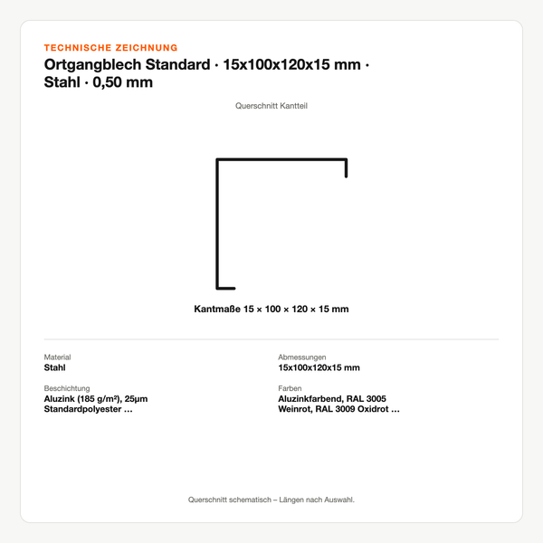Technische Zeichnung: Ortgangblech Standard | 15x100x120x15 mm | Stahl | 0,50 mm