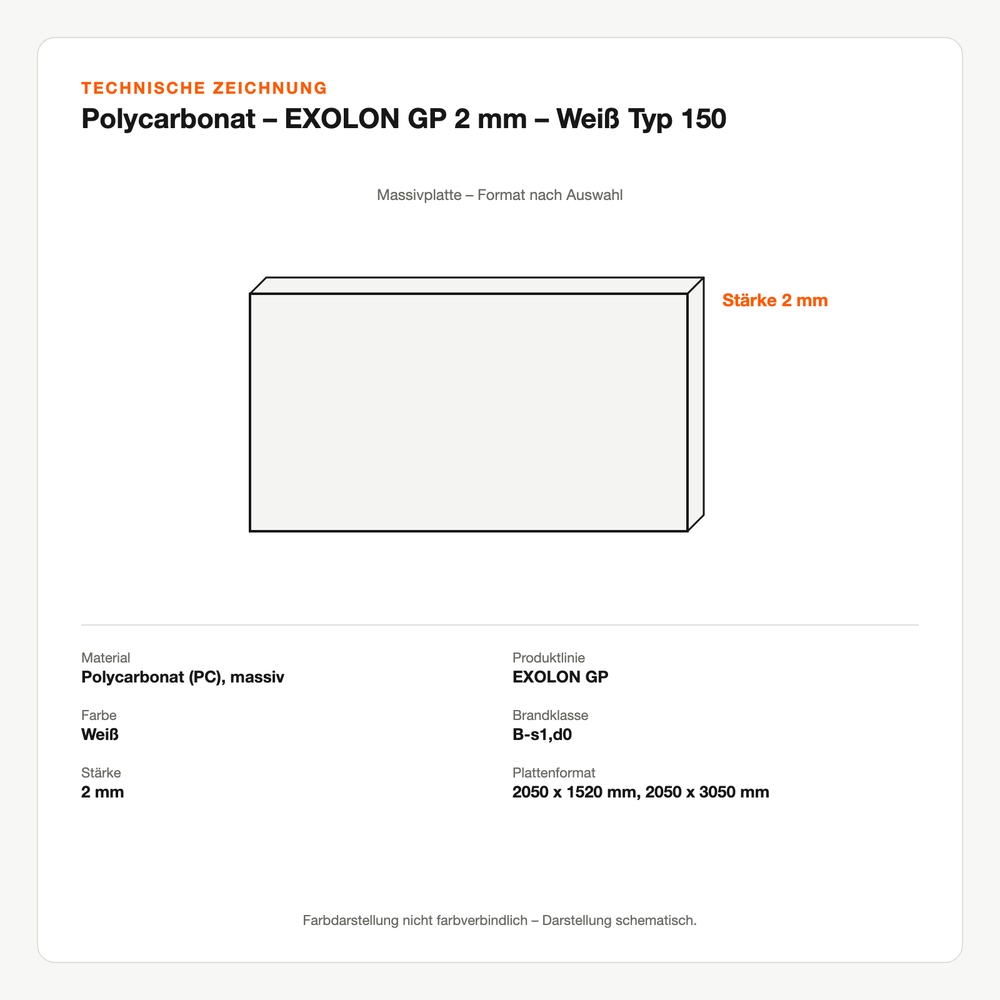 Technische Zeichnung: Polycarbonat – EXOLON® GP 2 mm – Weiß Typ 150