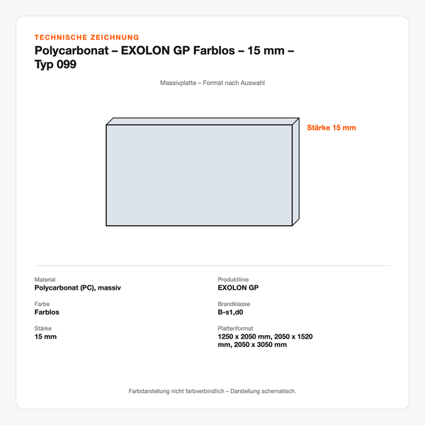 Technische Zeichnung: Polycarbonat – EXOLON® GP Farblos – 15 mm – Typ 099