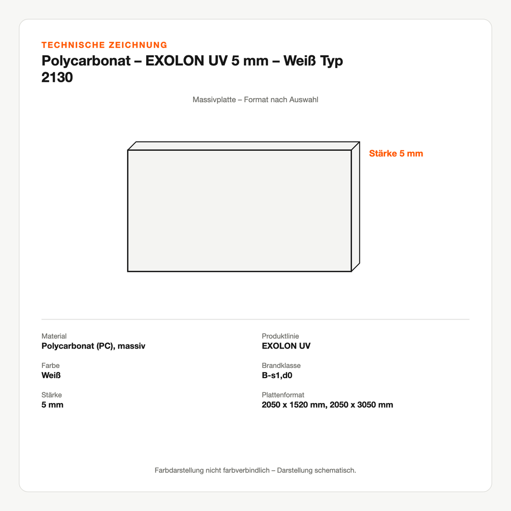Technische Zeichnung: Polycarbonat – EXOLON® UV 5 mm – Weiß Typ 2130