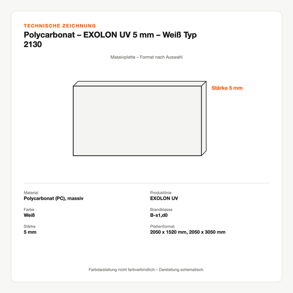 Technische Zeichnung: Polycarbonat – EXOLON® UV 5 mm – Weiß Typ 2130