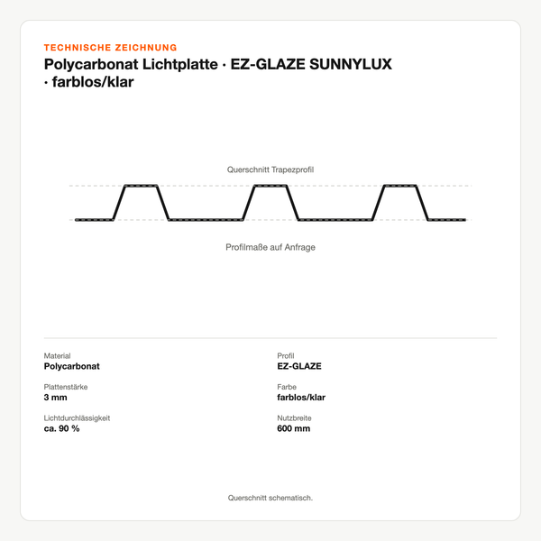 Technische Zeichnung: Polycarbonat Lichtplatte | EZ-GLAZE SUNNYLUX® | farblos/klar