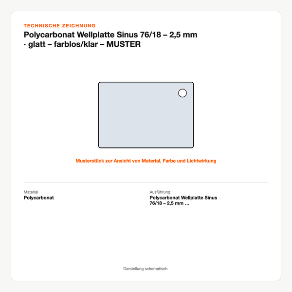 Technische Zeichnung: Polycarbonat Wellplatte Sinus 76/18 – 2,5 mm | glatt – farblos/klar – MUSTER