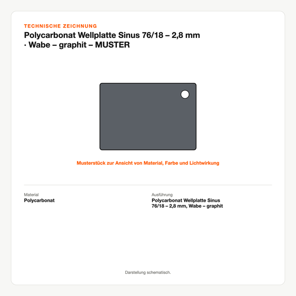 Technische Zeichnung: Polycarbonat Wellplatte Sinus 76/18 – 2,8 mm | Wabe – graphit – MUSTER