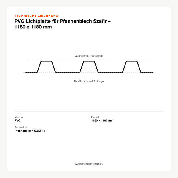 Technische Zeichnung: PVC Lichtplatte für Pfannenblech Szafir – 1180 x 1180 mm