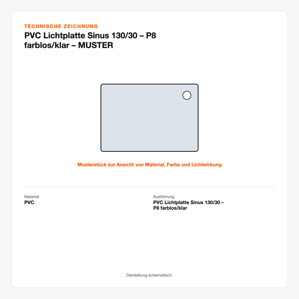 Technische Zeichnung: PVC Lichtplatte Sinus 130/30 – P8 farblos/klar – MUSTER