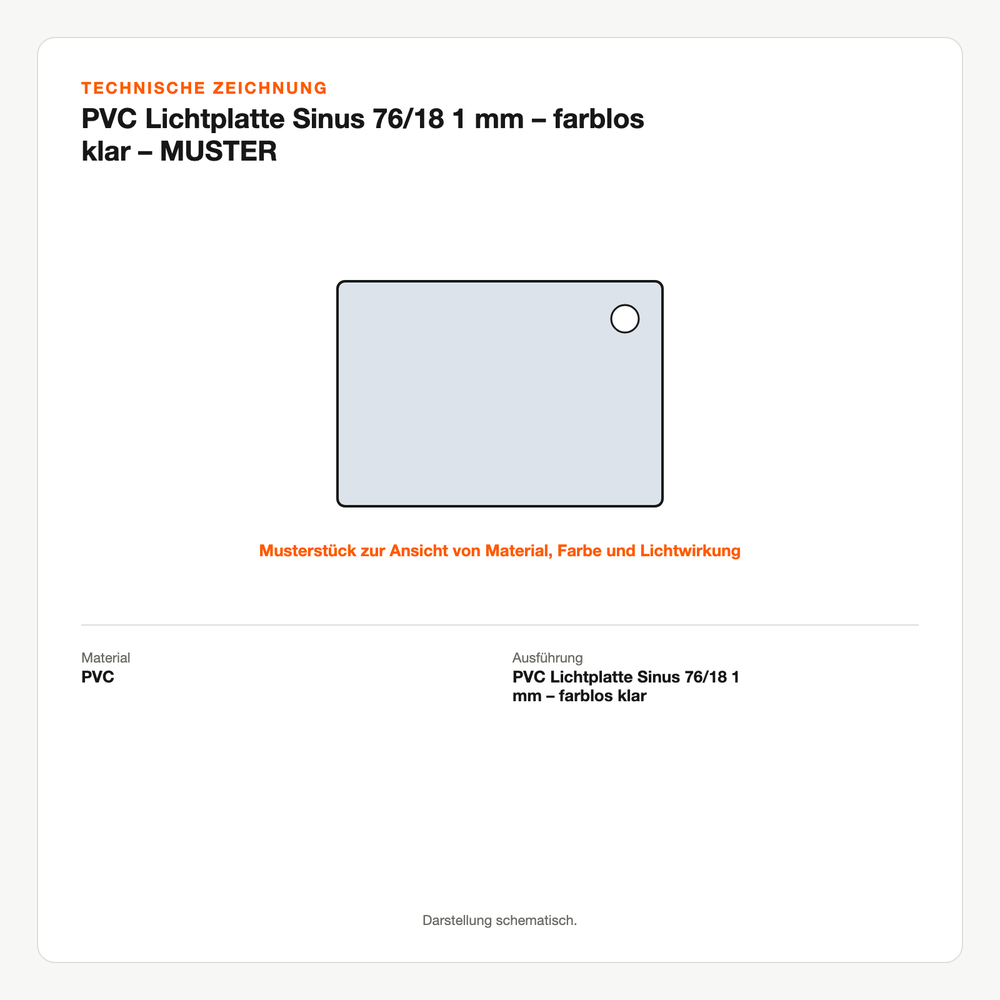 Technische Zeichnung: PVC Lichtplatte Sinus 76/18 1 mm – farblos klar – MUSTER