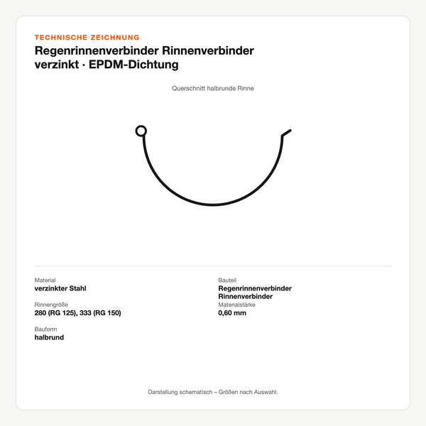 Technische Zeichnung: Regenrinnenverbinder Rinnenverbinder verzinkt | EPDM-Dichtung