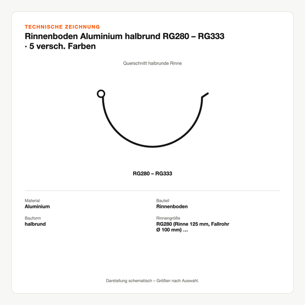 Technische Zeichnung: Rinnenboden Aluminium halbrund RG280 – RG333 | 5 versch. Farben