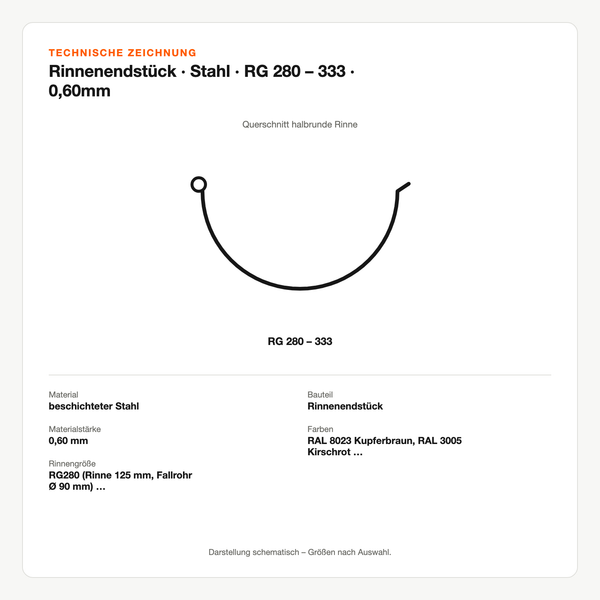 Technische Zeichnung: Rinnenendstück | Stahl | RG 280 – 333 | 0,60mm