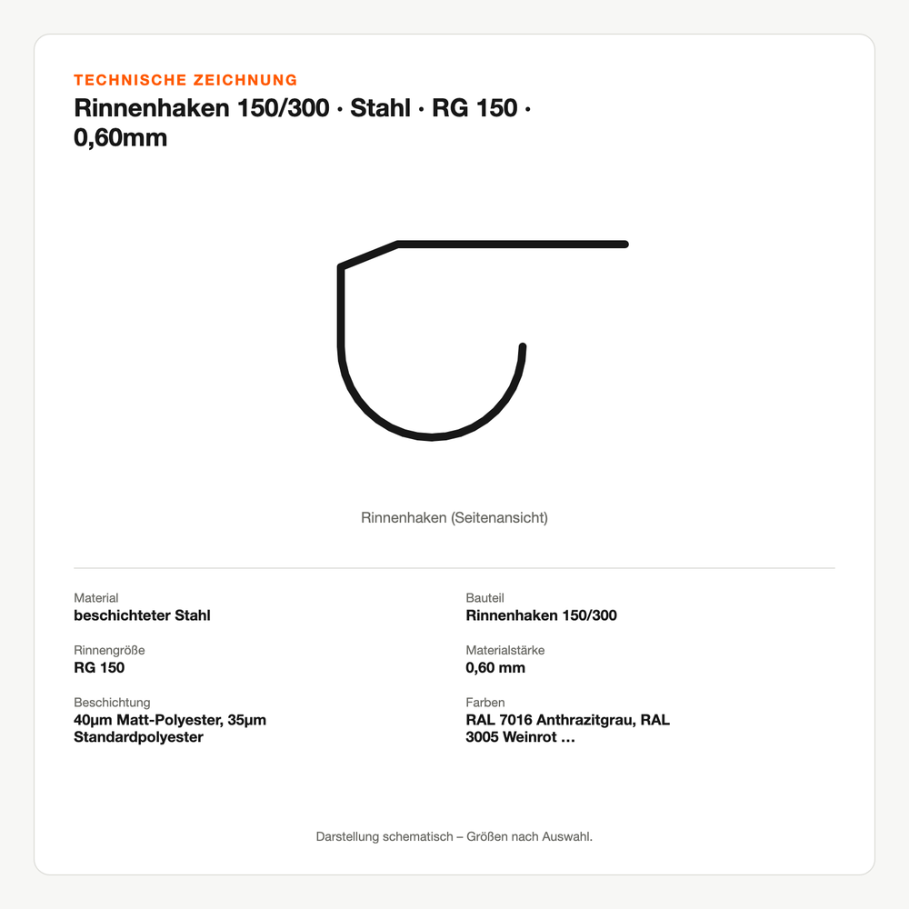 Technische Zeichnung: Rinnenhaken 150/300 | Stahl | RG 150 | 0,60mm