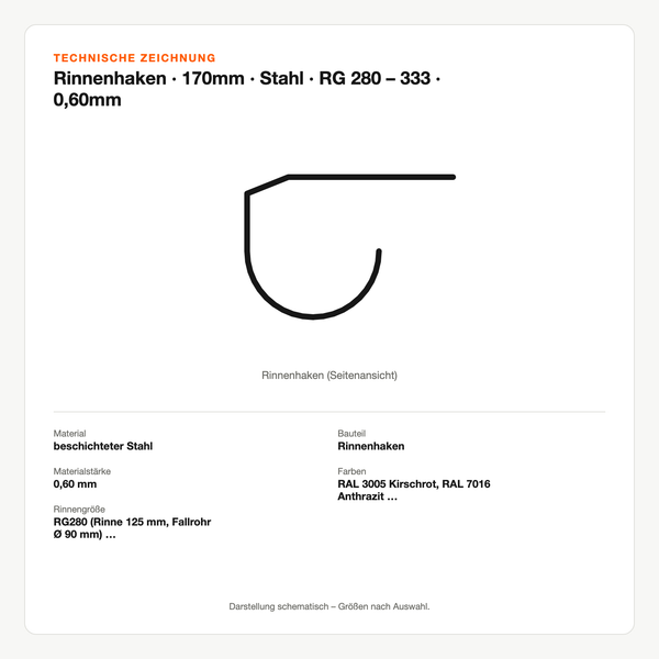 Technische Zeichnung: Rinnenhaken | 170mm | Stahl | RG 280 – 333 | 0,60mm