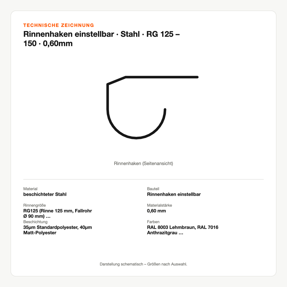 Technische Zeichnung: Rinnenhaken einstellbar | Stahl | RG 125 – 150 | 0,60mm