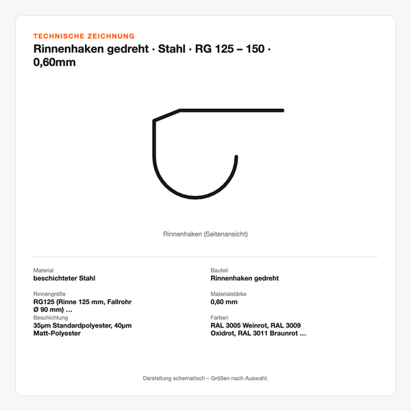 Technische Zeichnung: Rinnenhaken gedreht | Stahl | RG 125 – 150 | 0,60mm