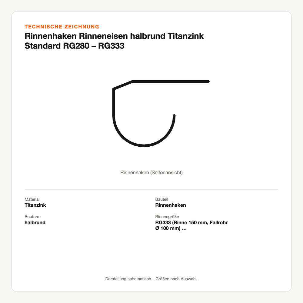 Technische Zeichnung: Rinnenhaken Rinneneisen halbrund Titanzink Standard RG280 – RG333