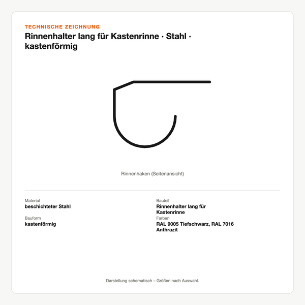 Technische Zeichnung: Rinnenhalter lang für Kastenrinne | Stahl | kastenförmig