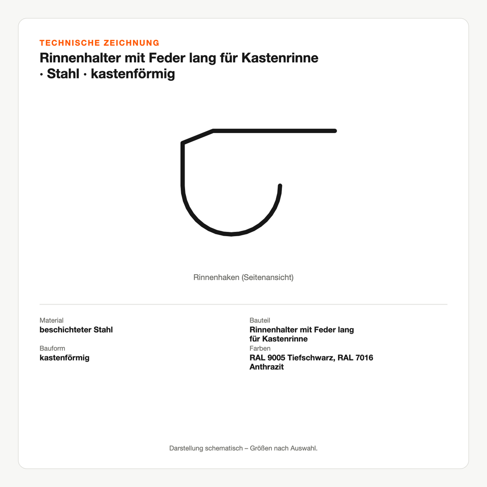 Technische Zeichnung: Rinnenhalter mit Feder lang für Kastenrinne | Stahl | kastenförmig