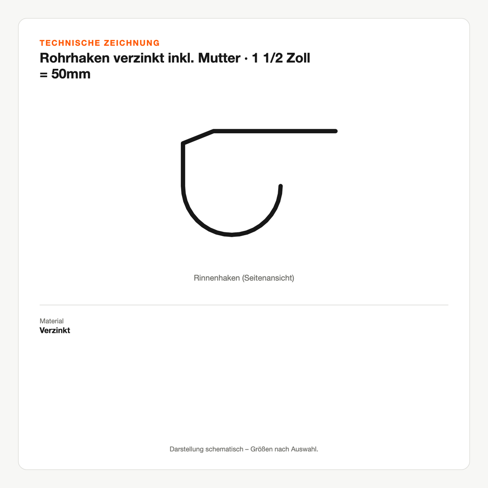 Technische Zeichnung: Rohrhaken verzinkt inkl. Mutter | 1 1/2 Zoll = 50mm