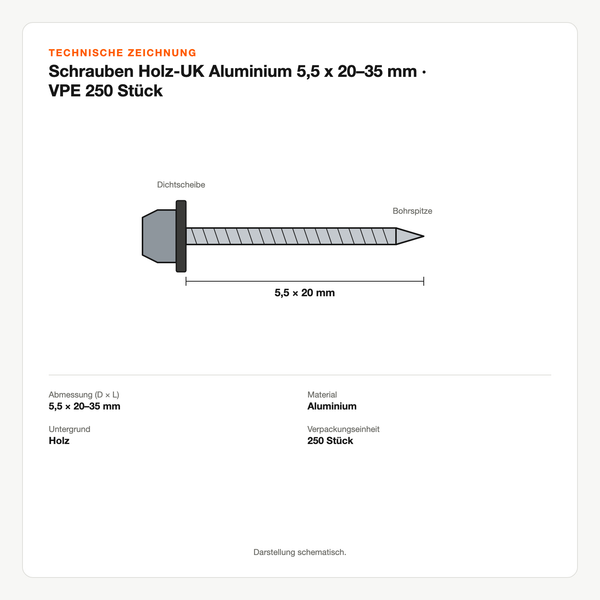 Technische Zeichnung: Schrauben Holz-UK Aluminium 5,5 x 20–35 mm | VPE 250 Stück