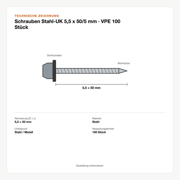 Technische Zeichnung: Schrauben Stahl-UK 5,5 x 50/5 mm | VPE 100 Stück