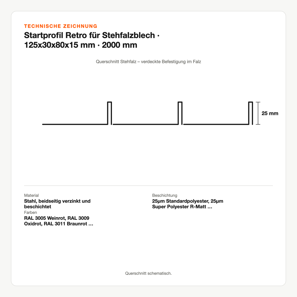 Technische Zeichnung: Startprofil Retro für Stehfalzblech | 125x30x80x15 mm | 2000 mm