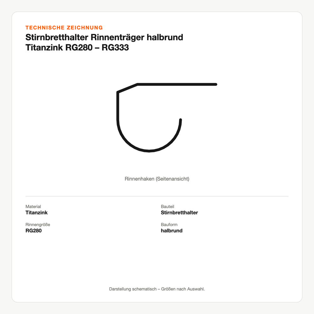 Technische Zeichnung: Stirnbretthalter Rinnenträger halbrund Titanzink RG280 – RG333