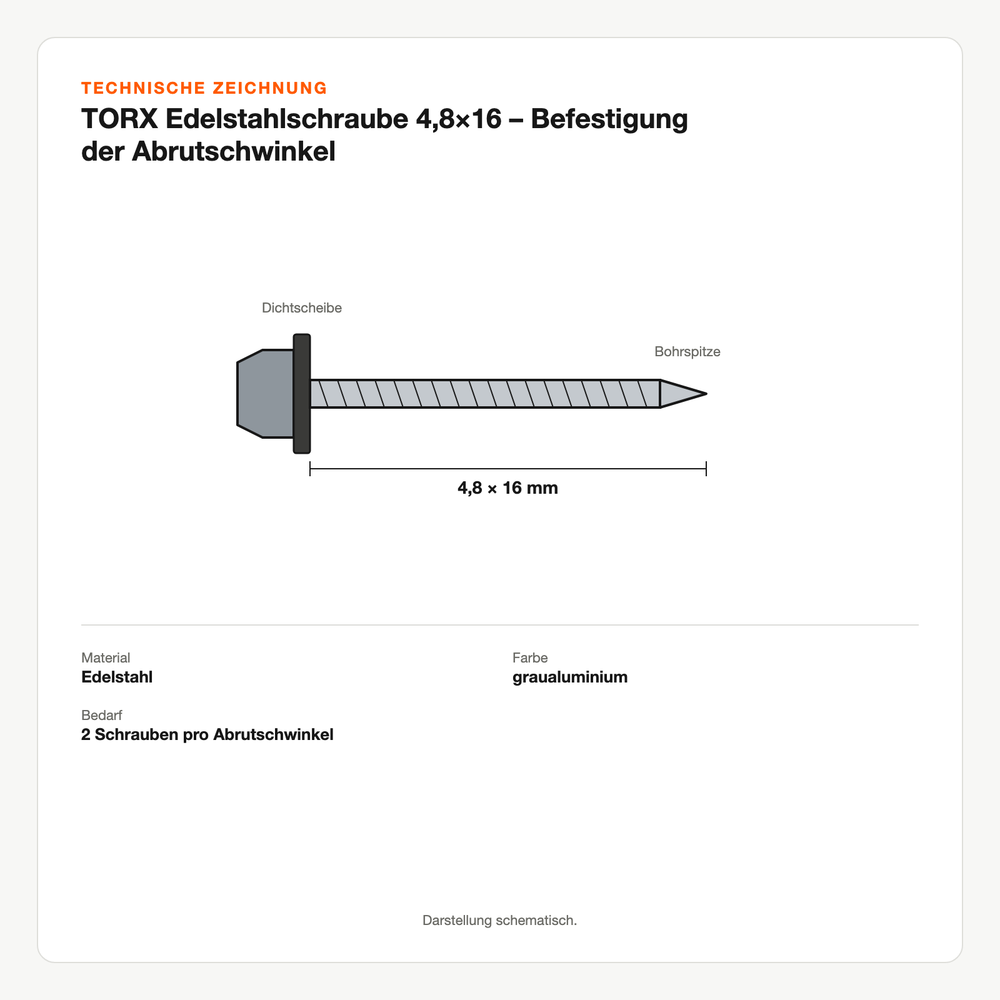 Technische Zeichnung: TORX Edelstahlschraube 4,8×16 – Befestigung der Abrutschwinkel