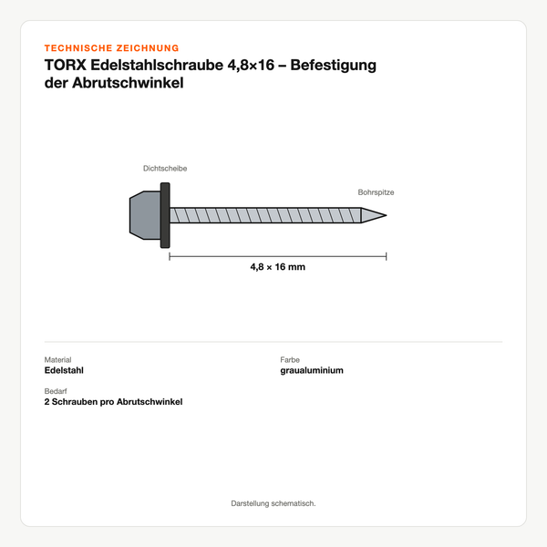 Technische Zeichnung: TORX Edelstahlschraube 4,8×16 – Befestigung der Abrutschwinkel