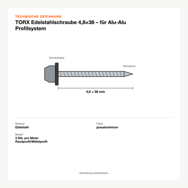 Technische Zeichnung: TORX Edelstahlschraube 4,8×38 – für Alu-Alu Profilsystem