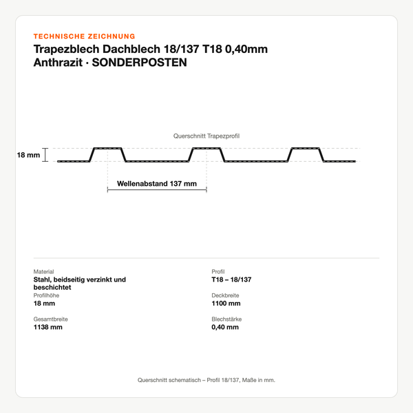 Technische Zeichnung: Trapezblech Dachblech 18/137 T18 0,40mm Anthrazit | SONDERPOSTEN