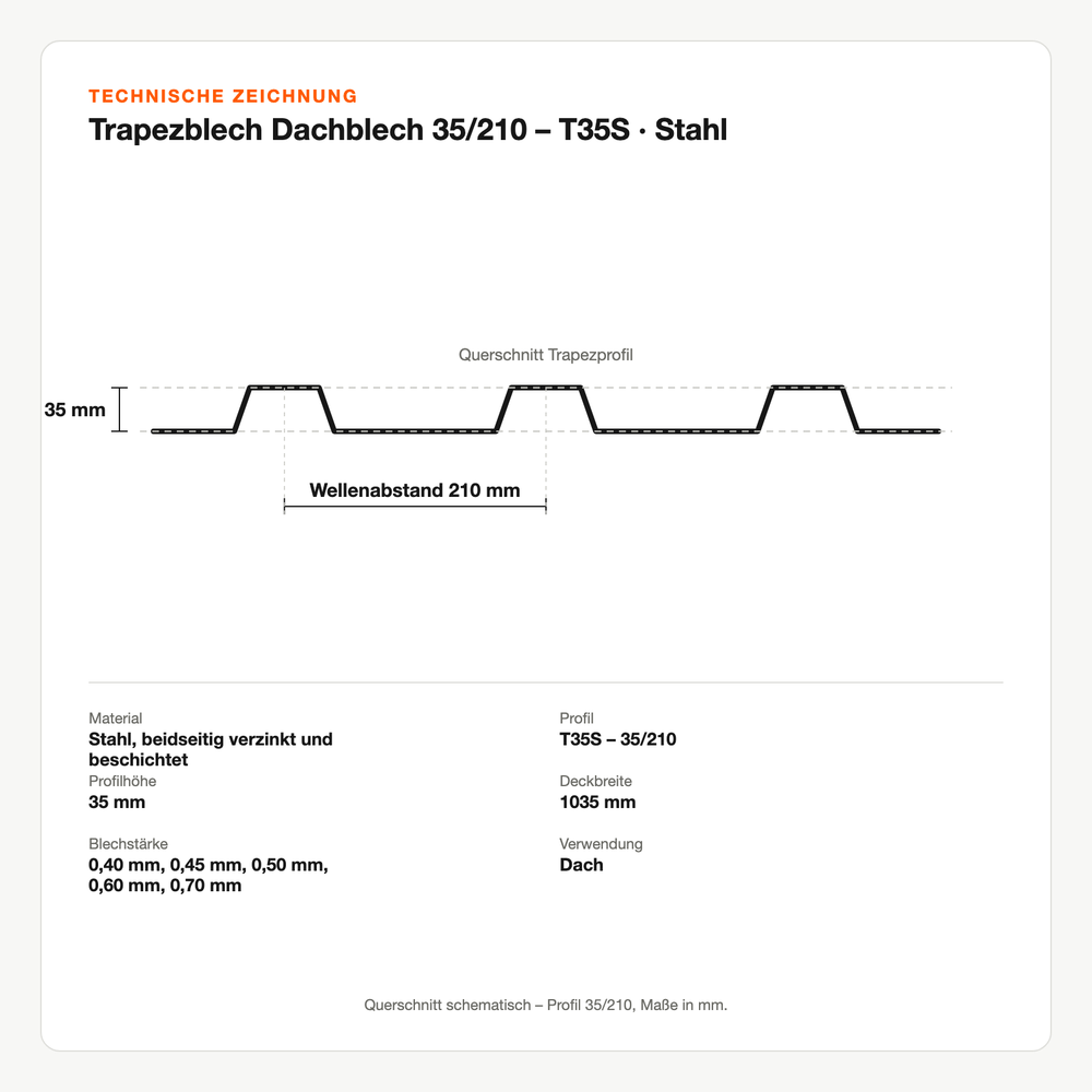 Technische Zeichnung: Trapezblech Dachblech 35/210 – T35S | Stahl