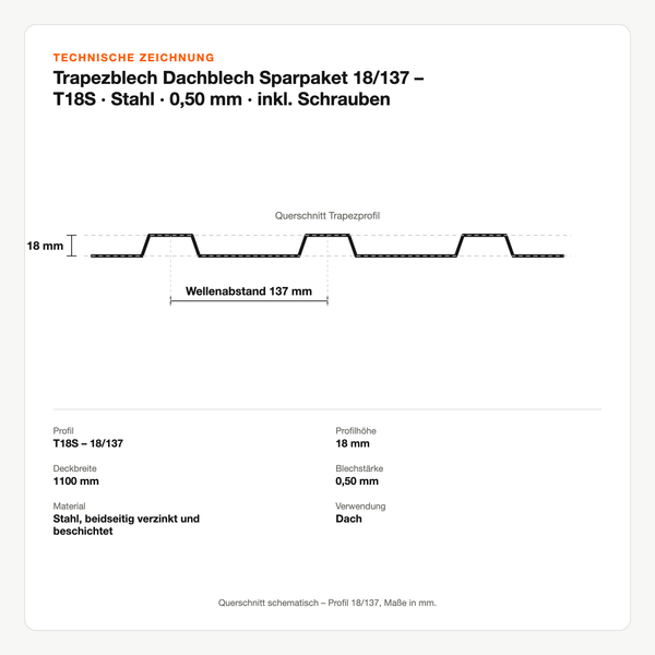 Technische Zeichnung: Trapezblech Dachblech Sparpaket 18/137 – T18S | Stahl | 0,50 mm | inkl. Schrauben