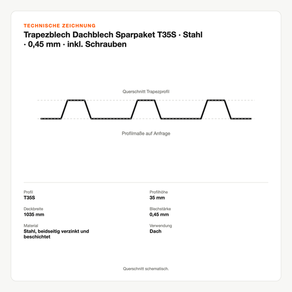 Technische Zeichnung: Trapezblech Dachblech Sparpaket T35S | Stahl | 0,45 mm | inkl. Schrauben