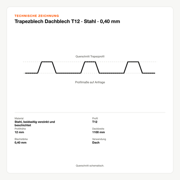 Technische Zeichnung: Trapezblech Dachblech T12 | Stahl | 0,40 mm