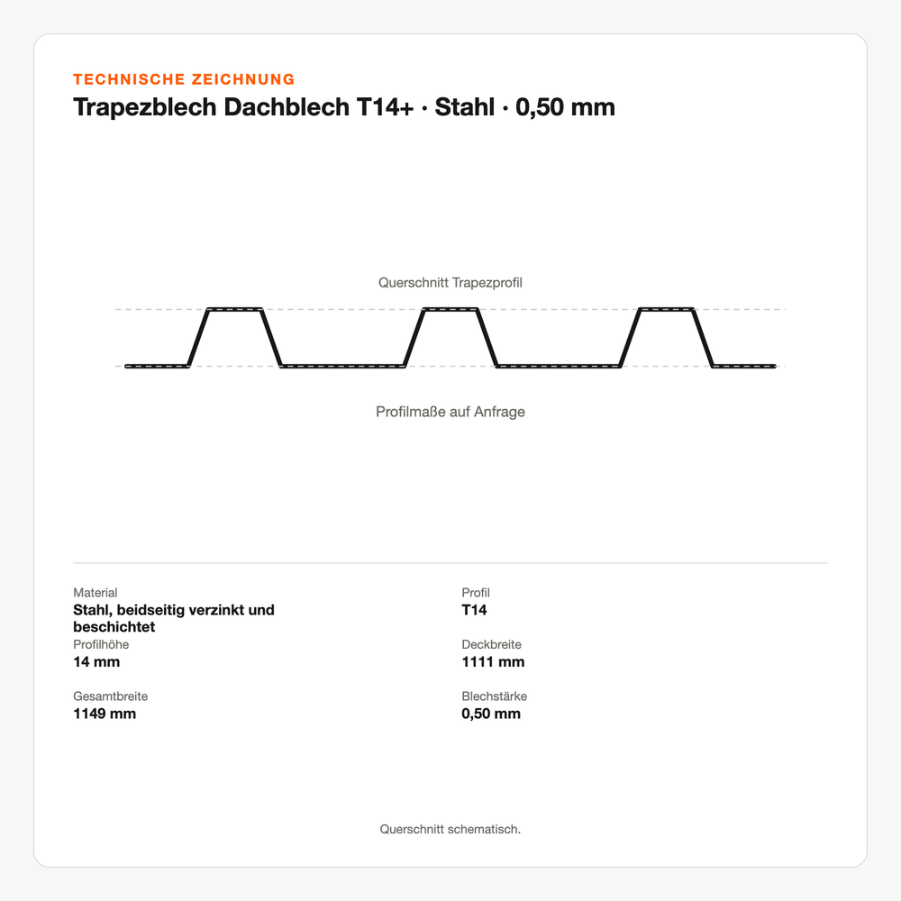 Technische Zeichnung: Trapezblech Dachblech T14+ | Stahl | 0,50 mm