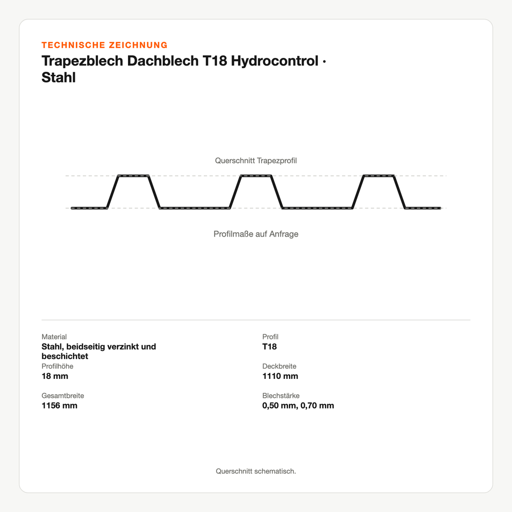 Technische Zeichnung: Trapezblech Dachblech T18 Hydrocontrol | Stahl
