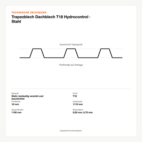 Technische Zeichnung: Trapezblech Dachblech T18 Hydrocontrol | Stahl