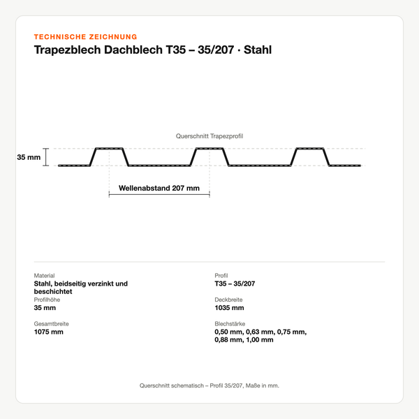 Technische Zeichnung: Trapezblech Dachblech T35 – 35/207 | Stahl