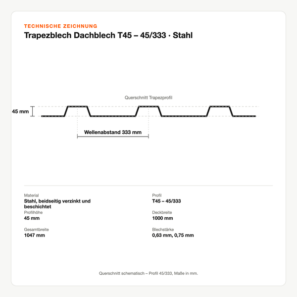 Technische Zeichnung: Trapezblech Dachblech T45 – 45/333 | Stahl