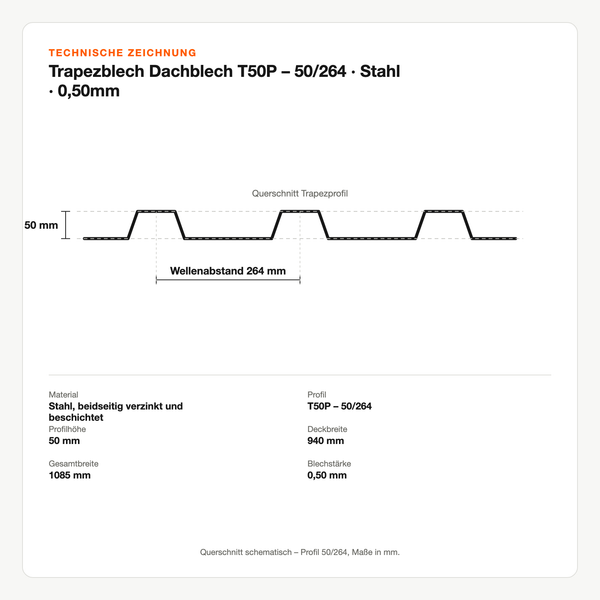 Technische Zeichnung: Trapezblech Dachblech T50P – 50/264 | Stahl | 0,50mm