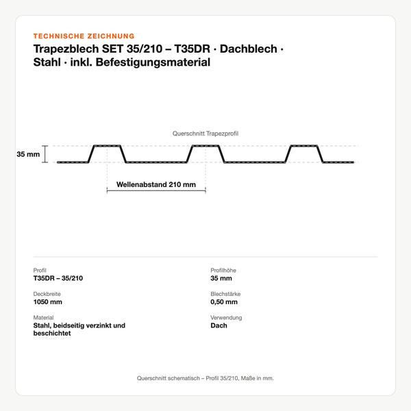 Technische Zeichnung: Trapezblech SET 35/210 – T35DR | Dachblech | Stahl | inkl. Befestigungsmaterial
