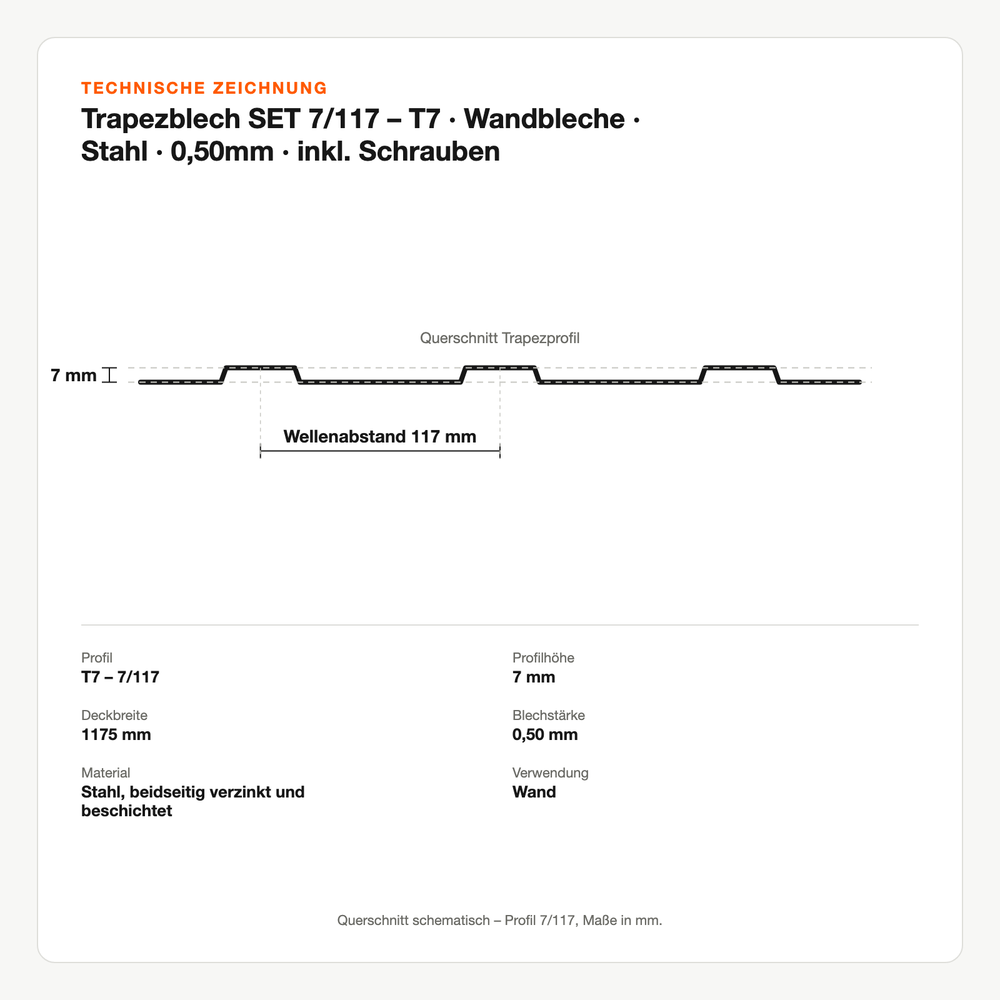 Technische Zeichnung: Trapezblech SET 7/117 – T7 | Wandbleche | Stahl | 0,50mm | inkl. Schrauben
