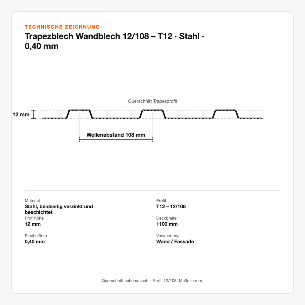 Technische Zeichnung: Trapezblech Wandblech 12/108 – T12 | Stahl | 0,40 mm