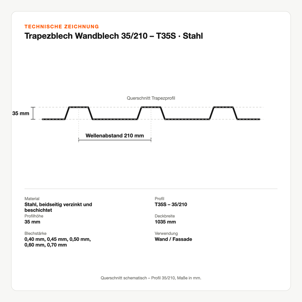 Technische Zeichnung: Trapezblech Wandblech 35/210 – T35S | Stahl