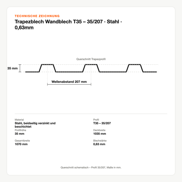 Technische Zeichnung: Trapezblech Wandblech T35 – 35/207 | Stahl | 0,63mm