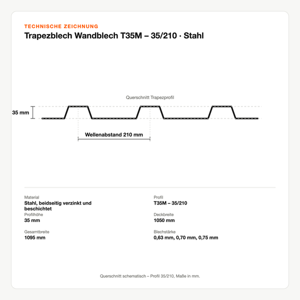 Technische Zeichnung: Trapezblech Wandblech T35M – 35/210 | Stahl