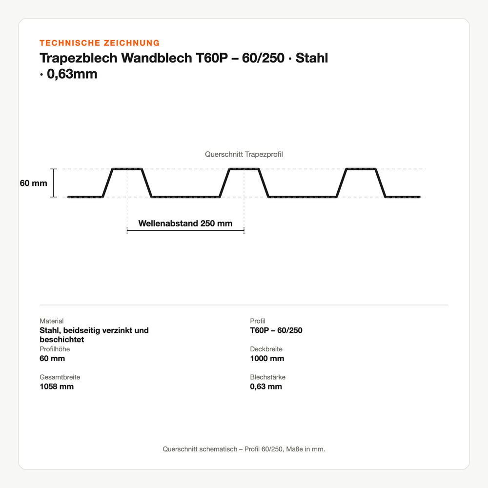Technische Zeichnung: Trapezblech Wandblech T60P – 60/250 | Stahl | 0,63mm