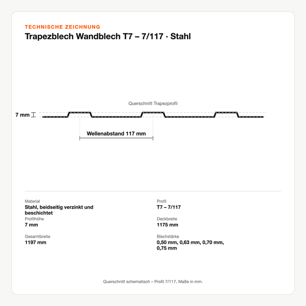 Technische Zeichnung: Trapezblech Wandblech T7 – 7/117 | Stahl